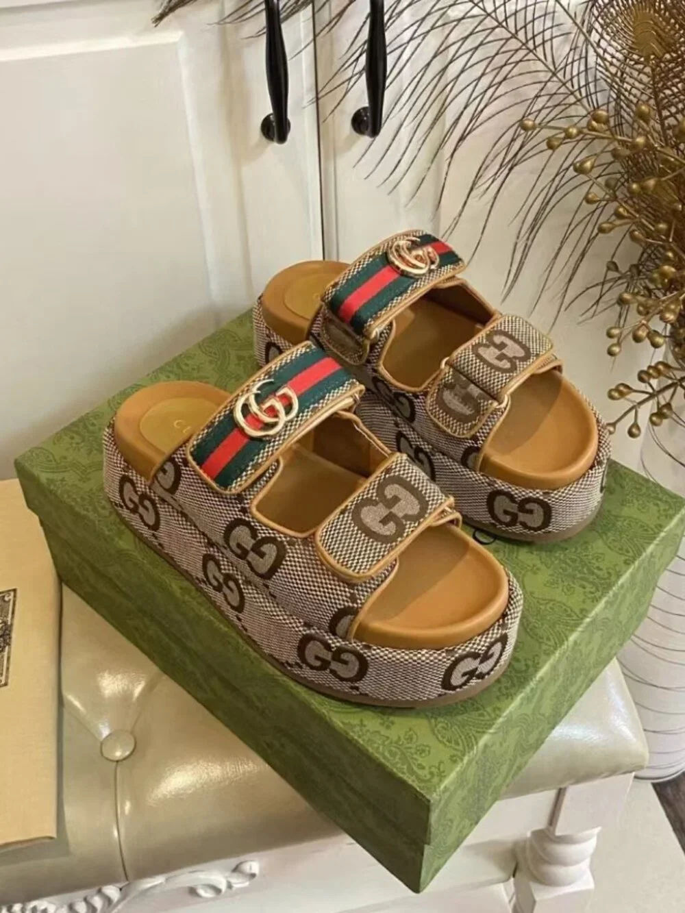 Gucci Monogram Canvas Adjustable Velcro Platform Slides